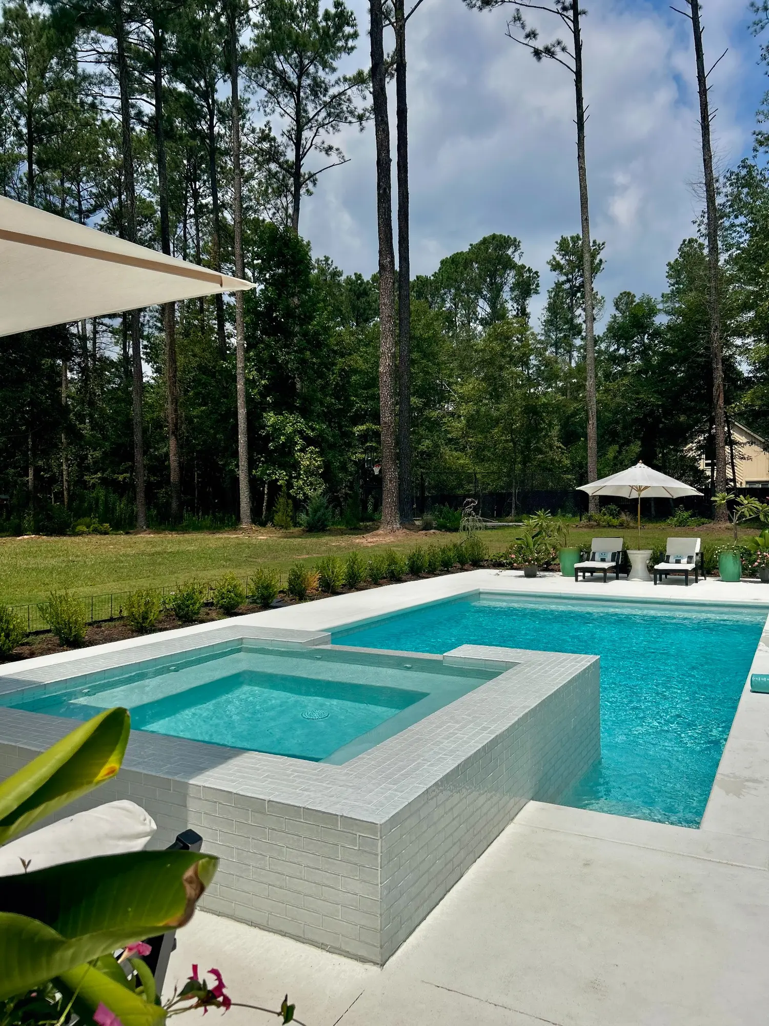 Modern white pool and raised spa surrounded by trees